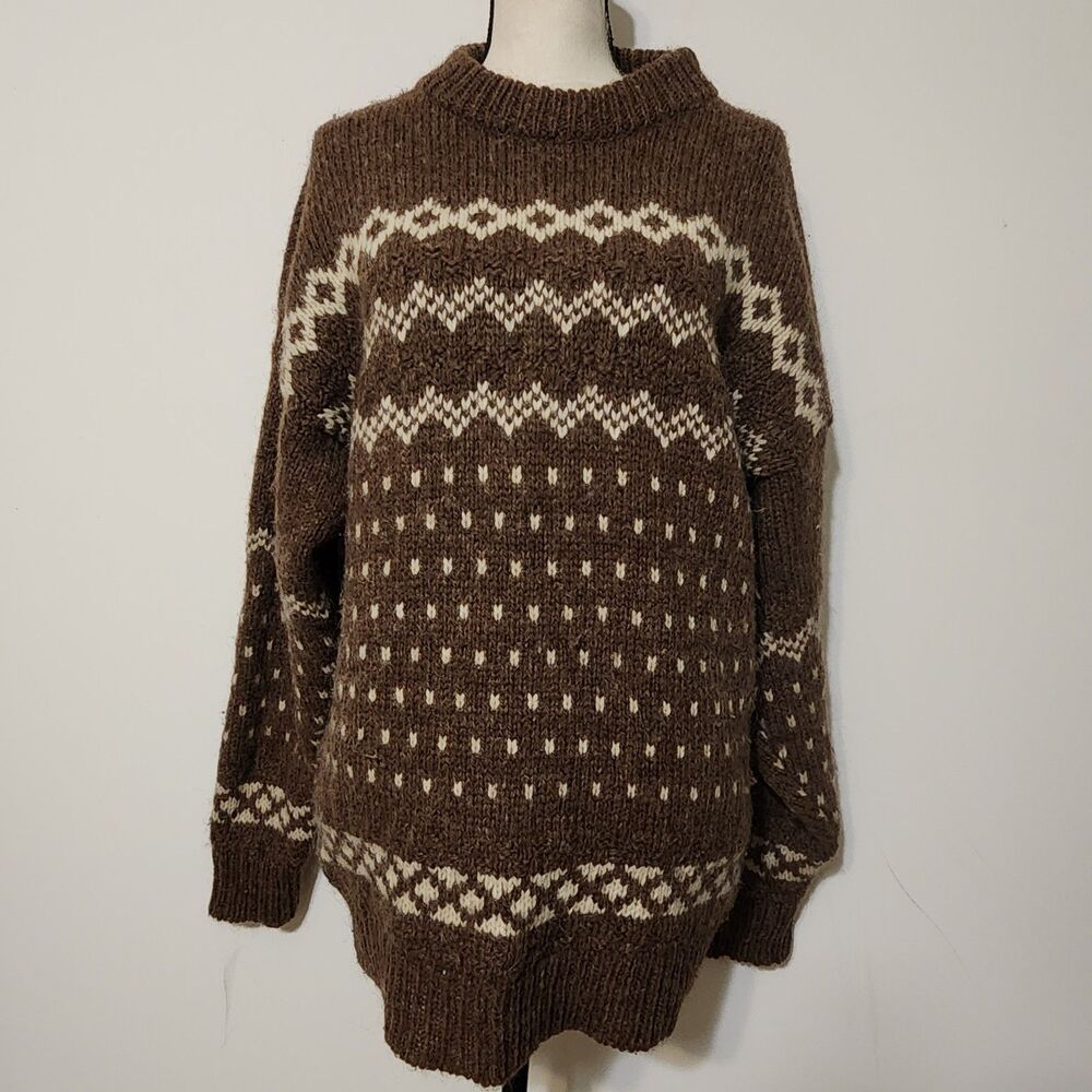 Vintage Icelandic Knitted In Great Britain 100% Wool Brown Coastal Sweater